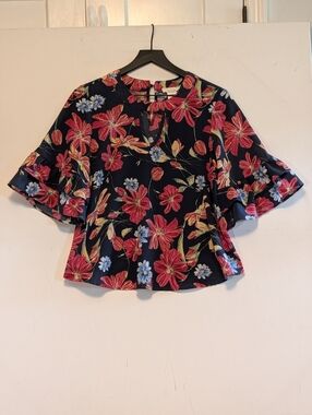Urban Romantics M Flowers Blouse Navy Keyhole Ruffle Sleeve Flouncy Date night